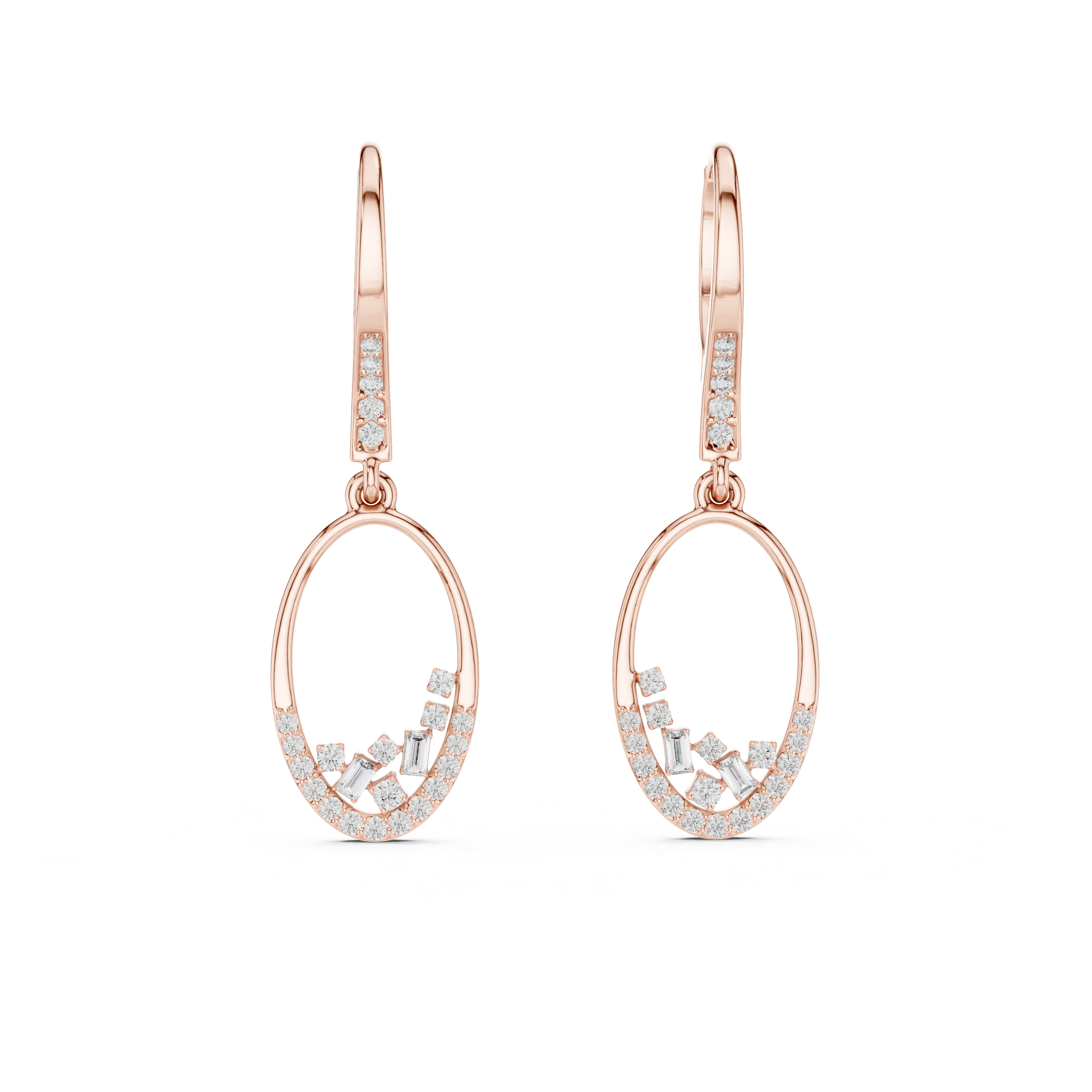Open Oval Diamond Hoop Drop Earrings