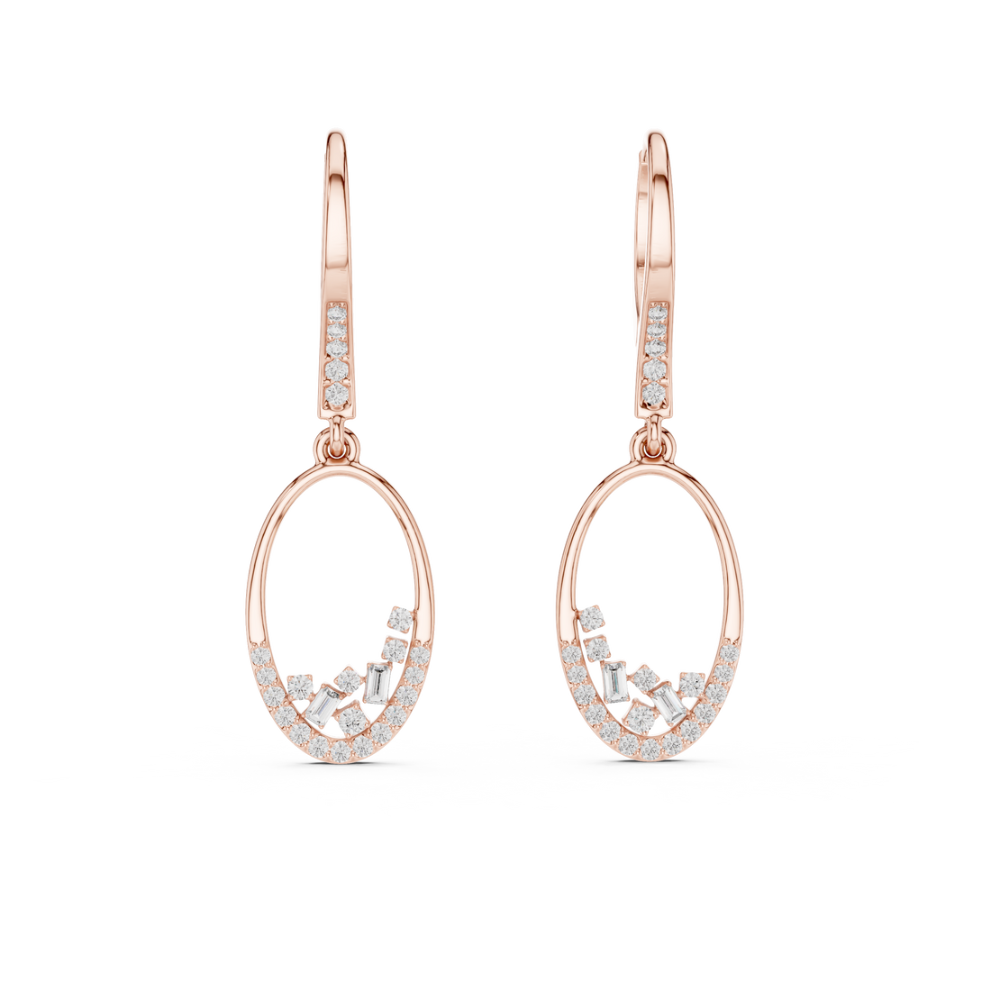 Open Oval Diamond Hoop Drop Earrings