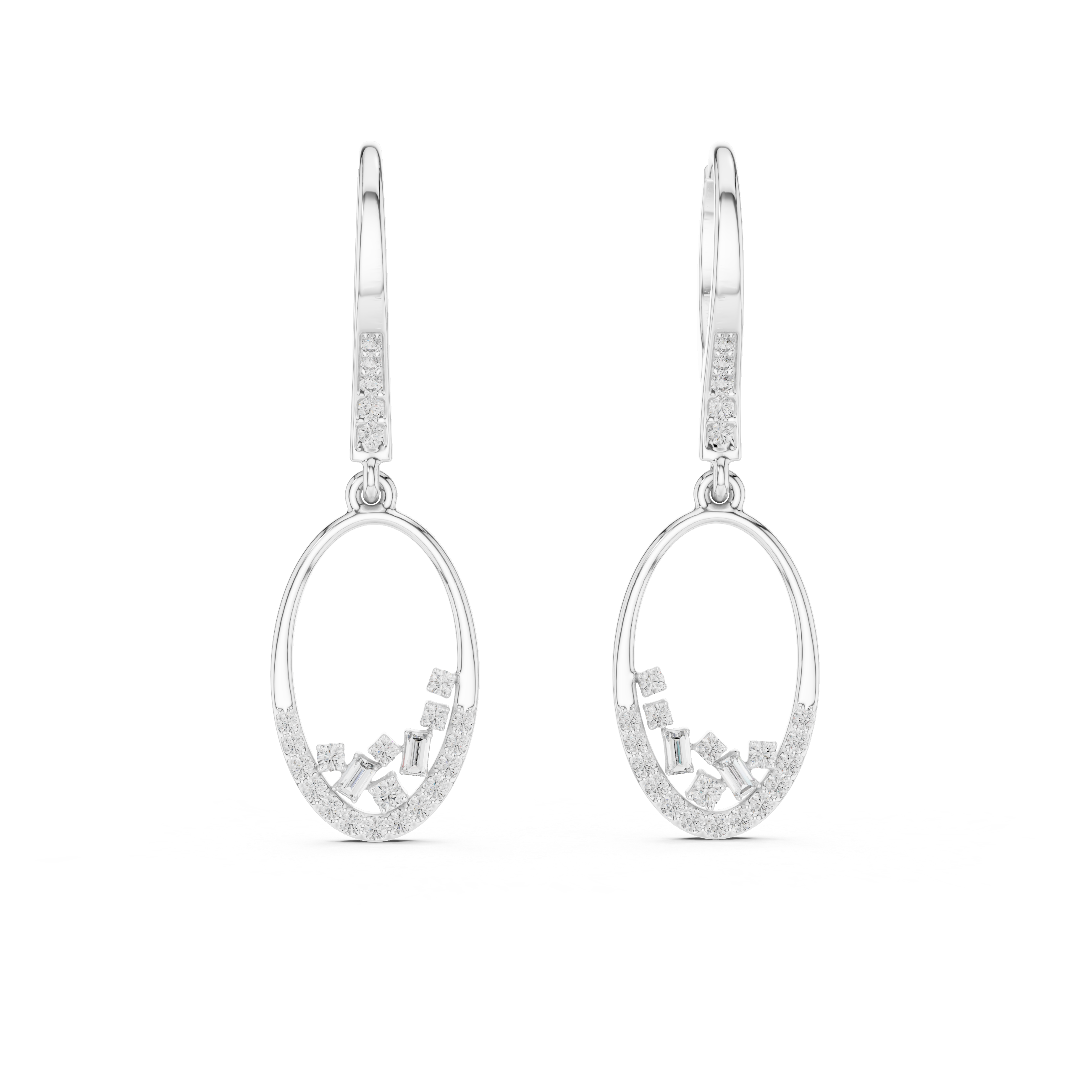 Open Oval Diamond Hoop Drop Earrings