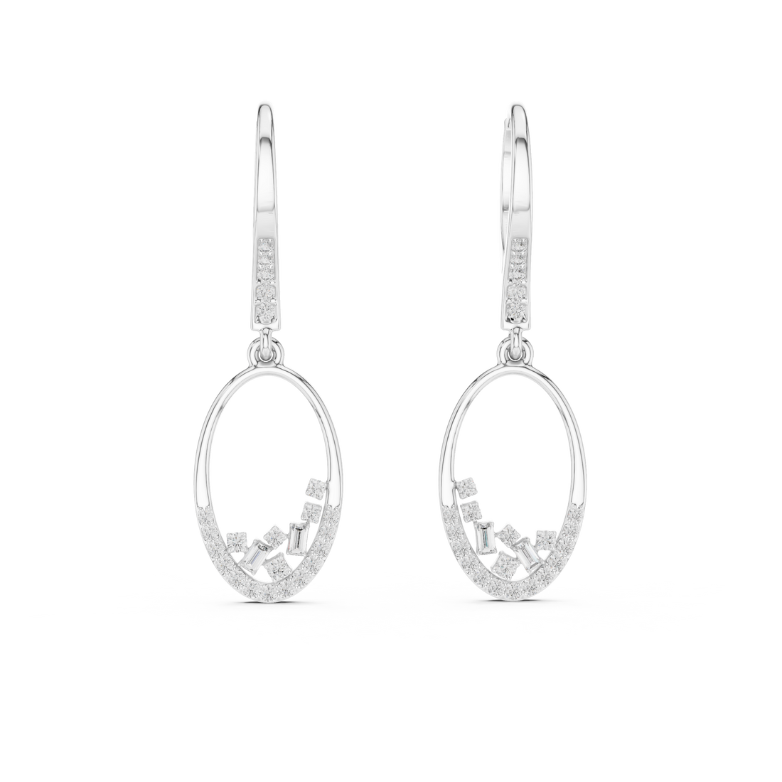 Open Oval Diamond Hoop Drop Earrings