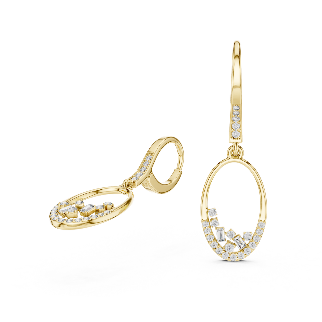 Open Oval Diamond Hoop Drop Earrings