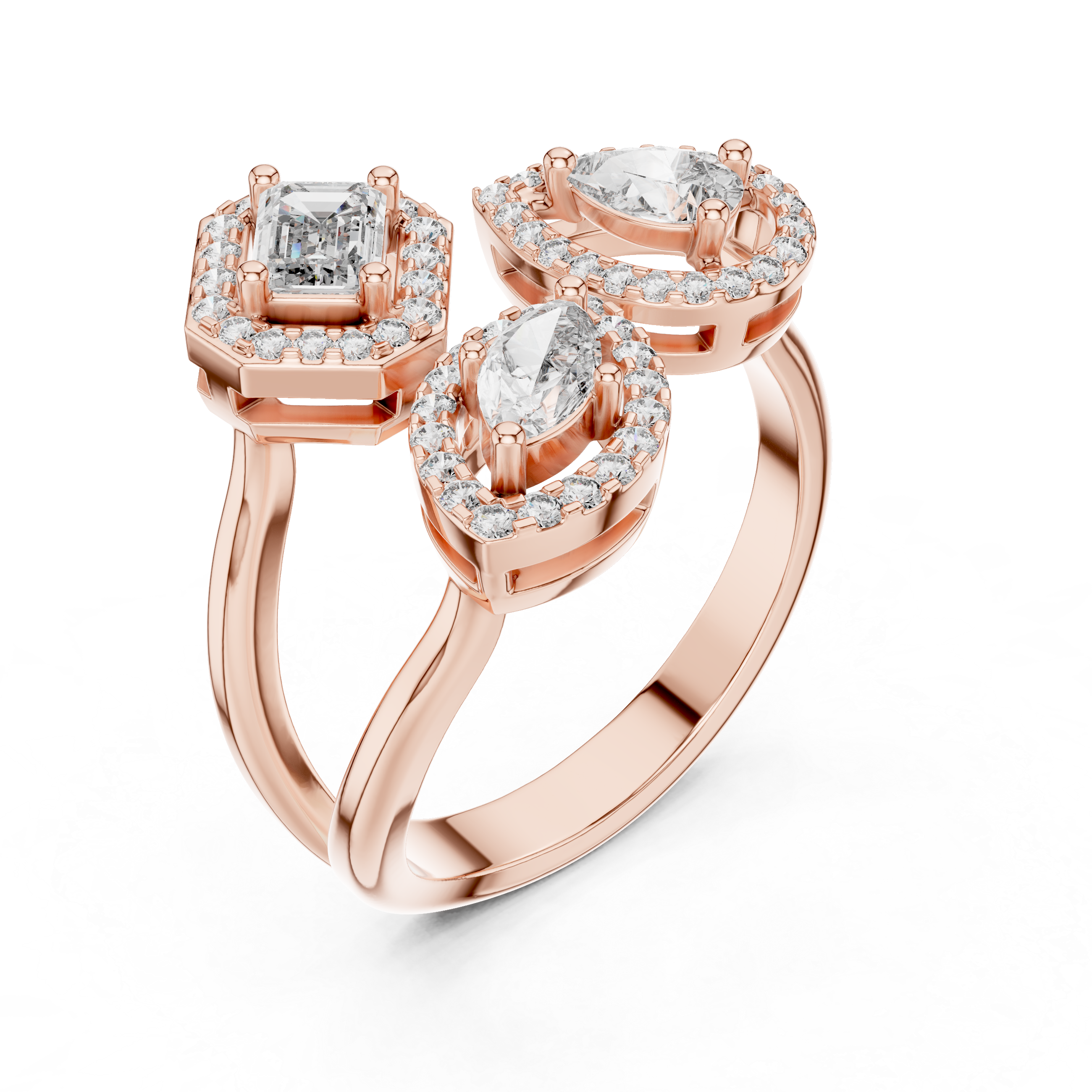 Three-Stone Multi-Shape Halo Cluster Ring