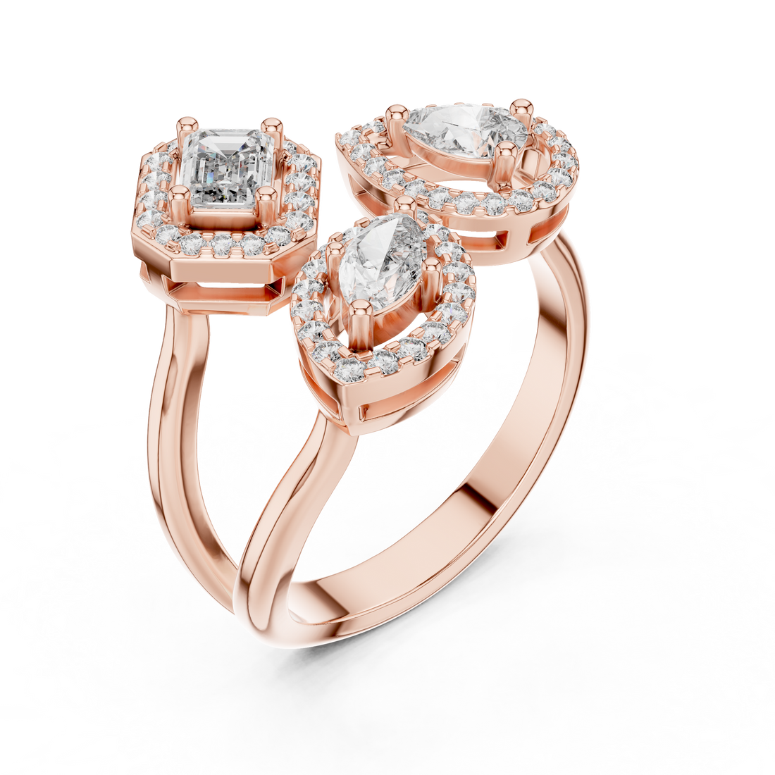 Three-Stone Multi-Shape Halo Cluster Ring