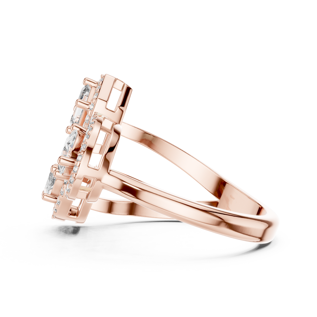 Three-Stone Multi-Shape Halo Cluster Ring