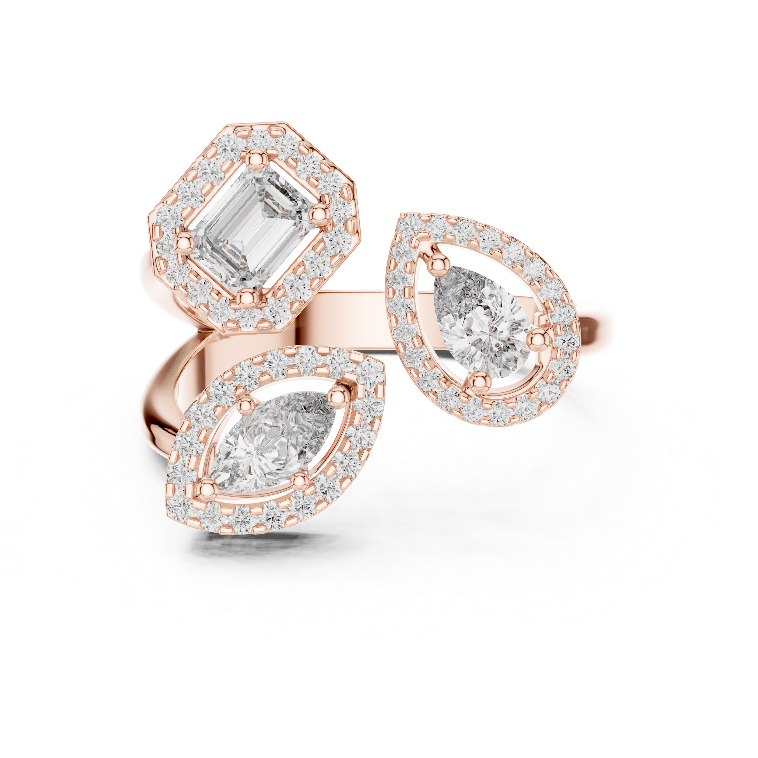 Three-Stone Multi-Shape Halo Cluster Ring