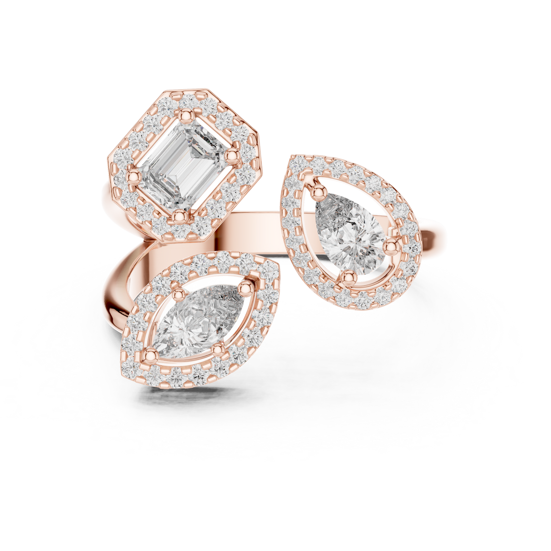 Three-Stone Multi-Shape Halo Cluster Ring