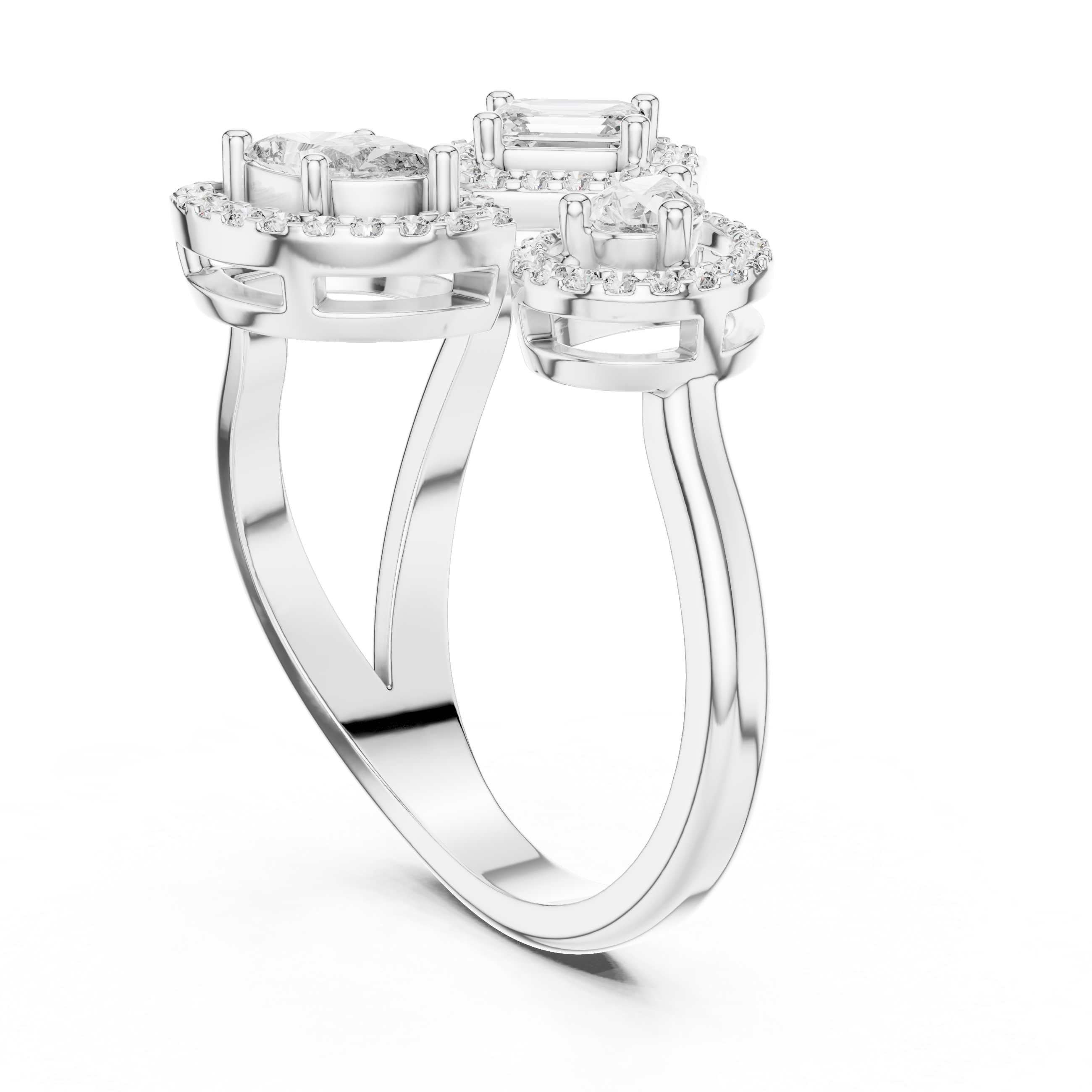 Three-Stone Multi-Shape Halo Cluster Ring