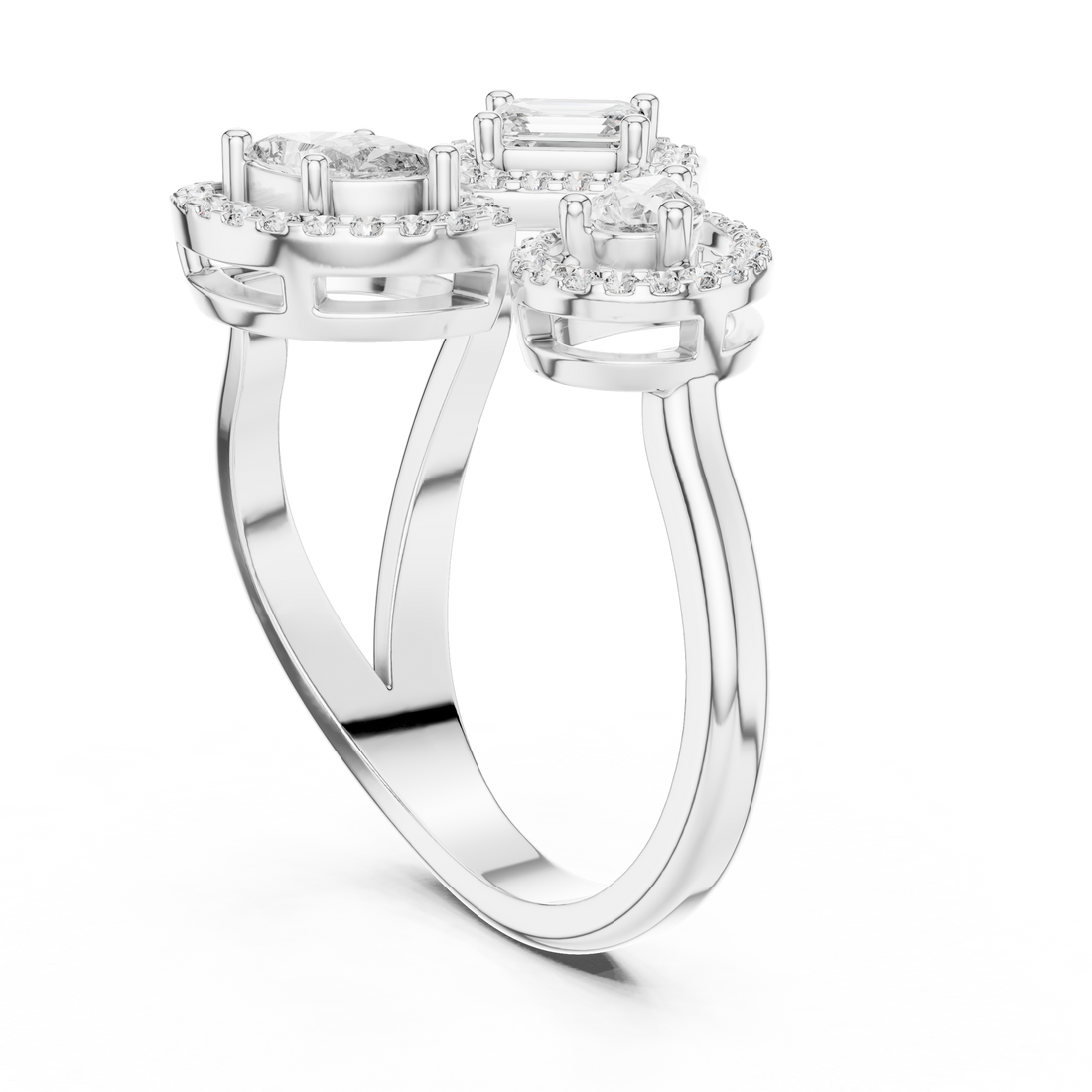 Three-Stone Multi-Shape Halo Cluster Ring