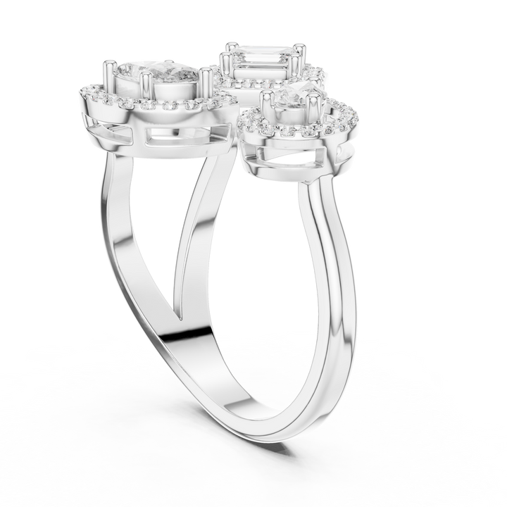 Three-Stone Multi-Shape Halo Cluster Ring