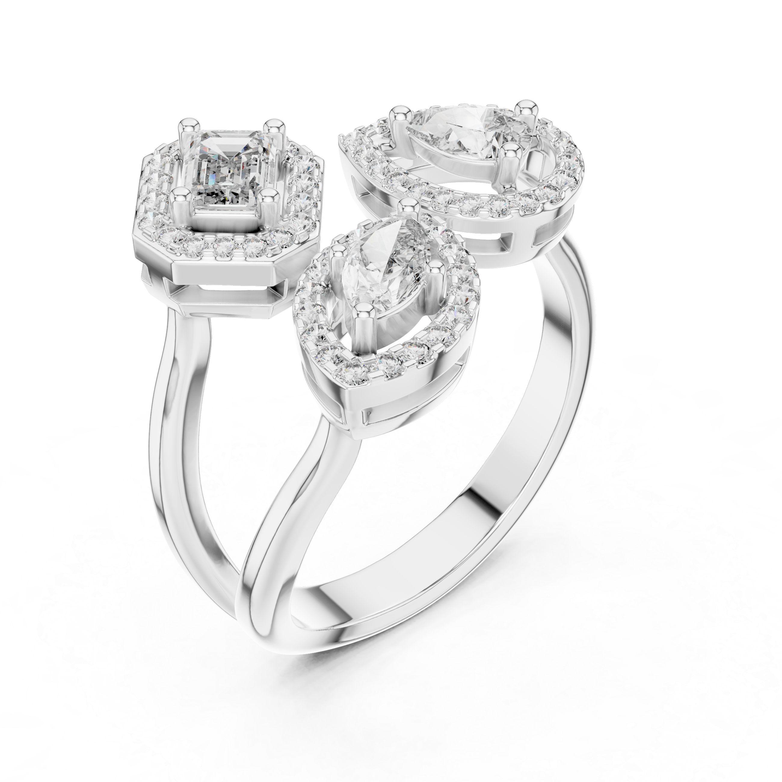 Three-Stone Multi-Shape Halo Cluster Ring