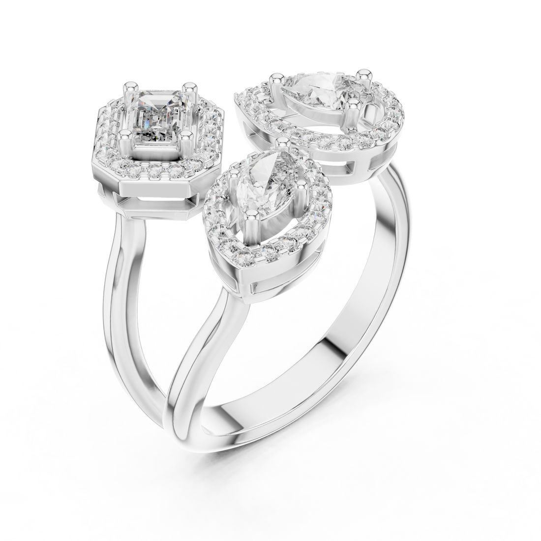 Three-Stone Multi-Shape Halo Cluster Ring