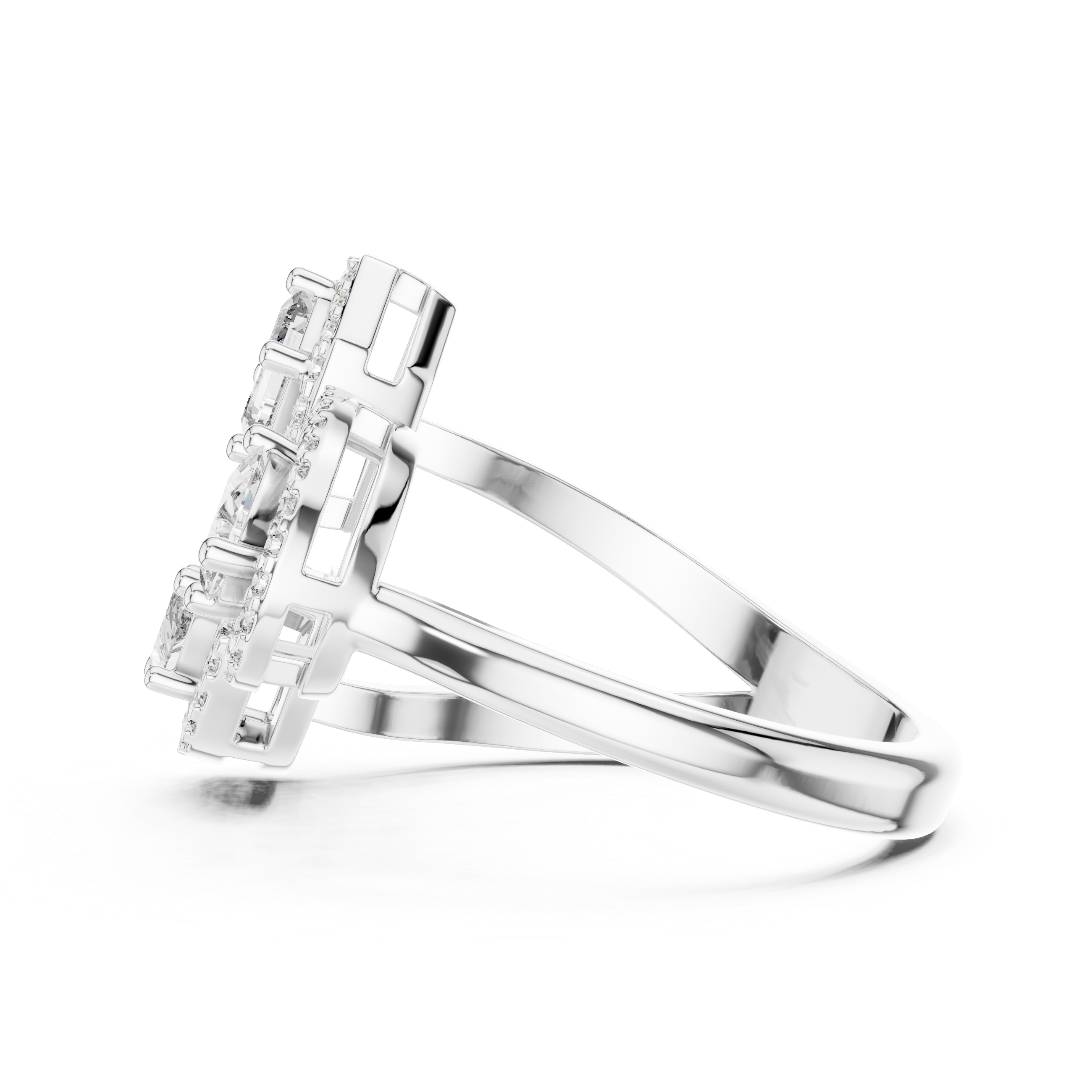 Three-Stone Multi-Shape Halo Cluster Ring