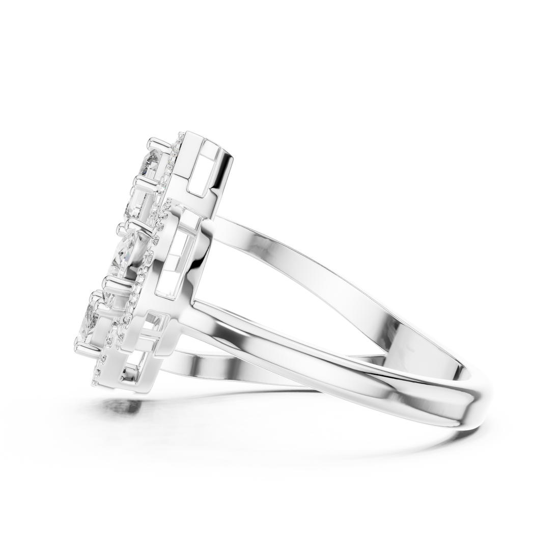 Three-Stone Multi-Shape Halo Cluster Ring