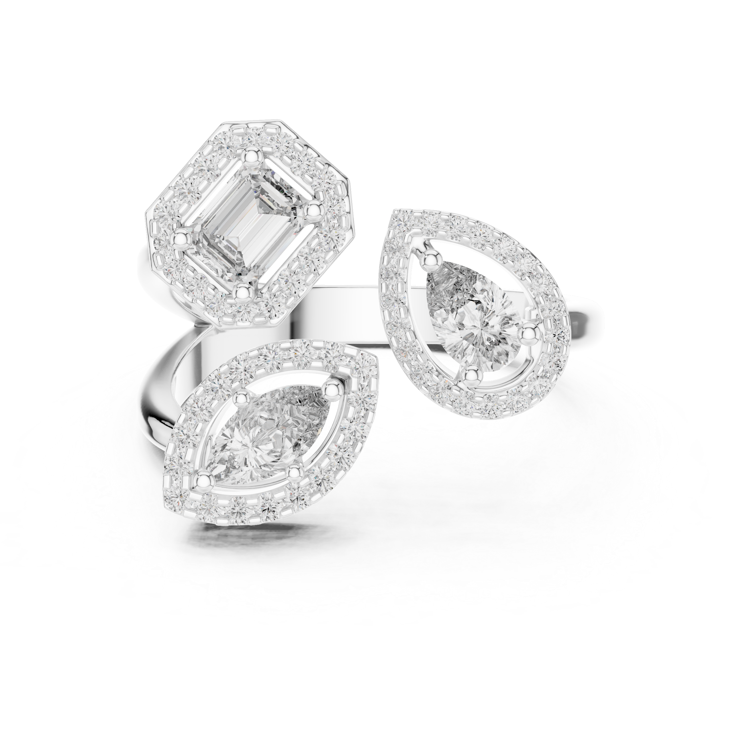 Three-Stone Multi-Shape Halo Cluster Ring
