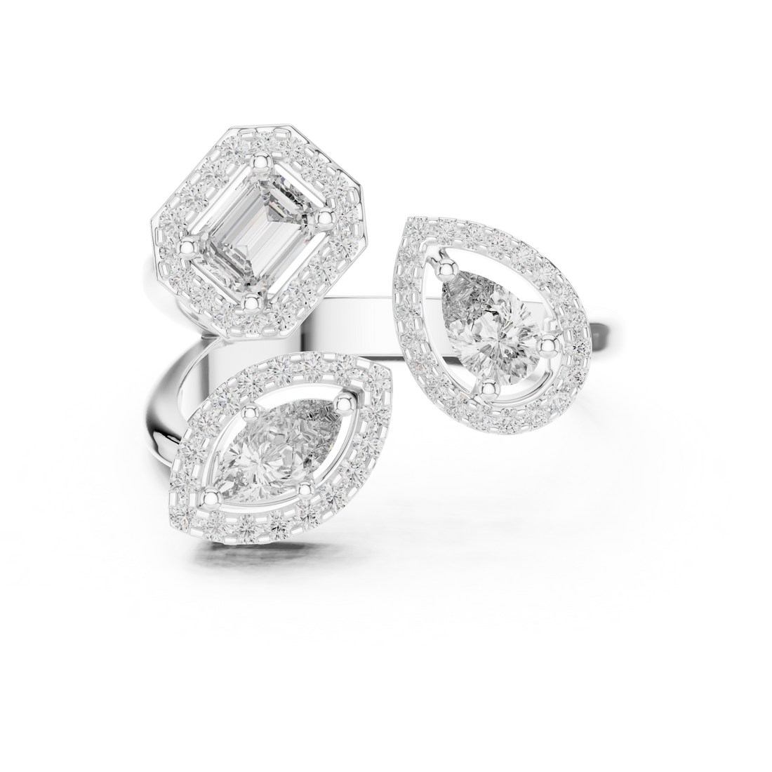 Three-Stone Multi-Shape Halo Cluster Ring