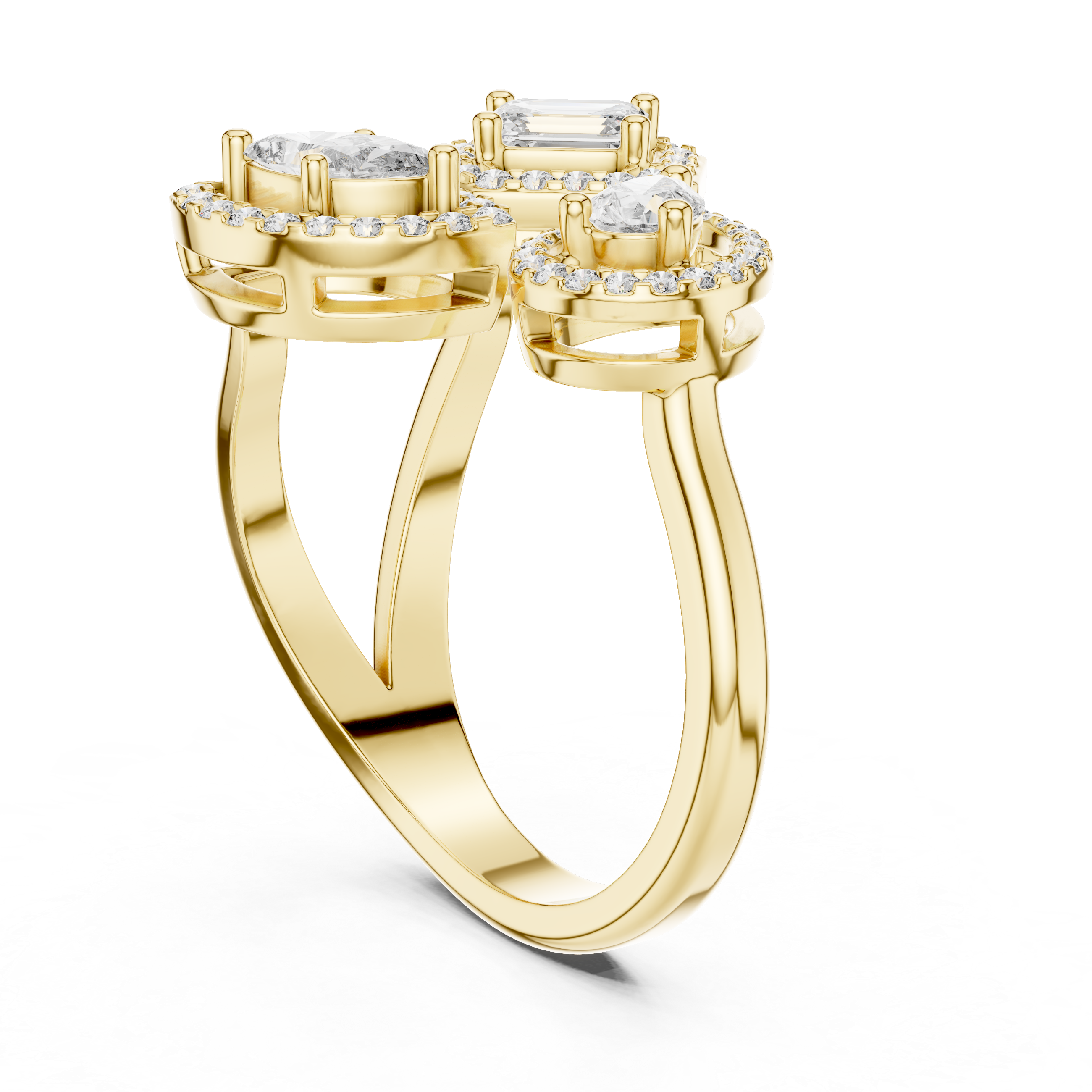 Three-Stone Multi-Shape Halo Cluster Ring