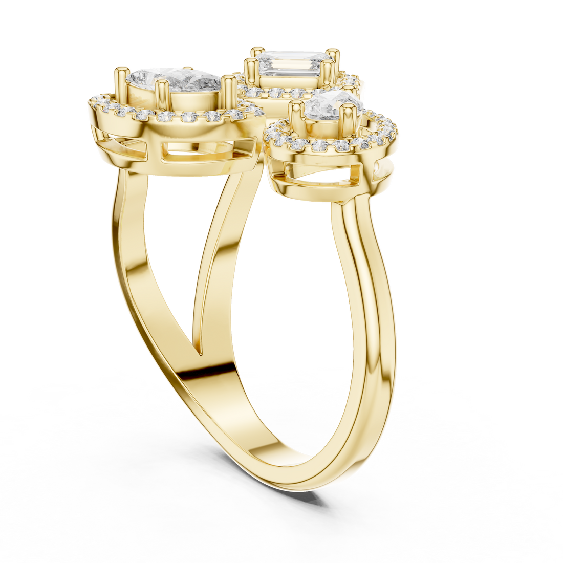 Three-Stone Multi-Shape Halo Cluster Ring