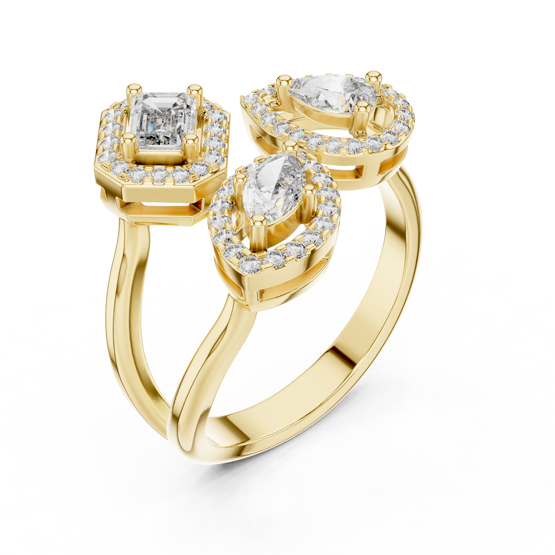 Three-Stone Multi-Shape Halo Cluster Ring