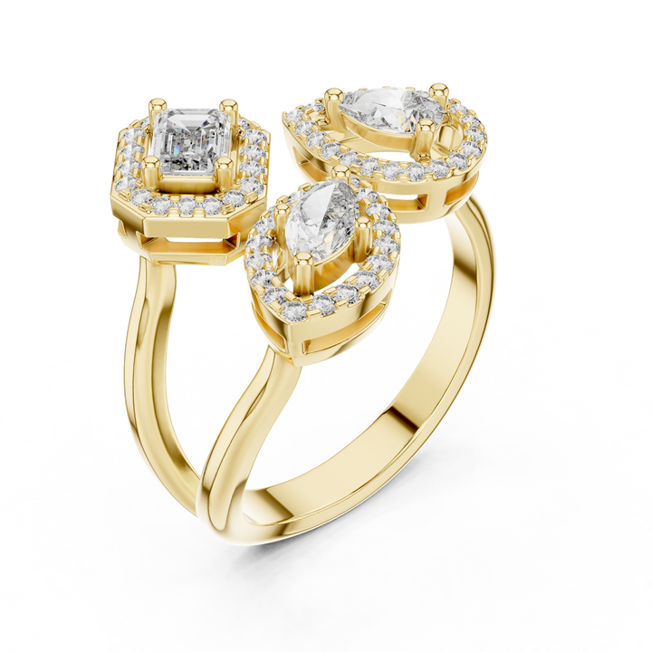 Three-Stone Multi-Shape Halo Cluster Ring