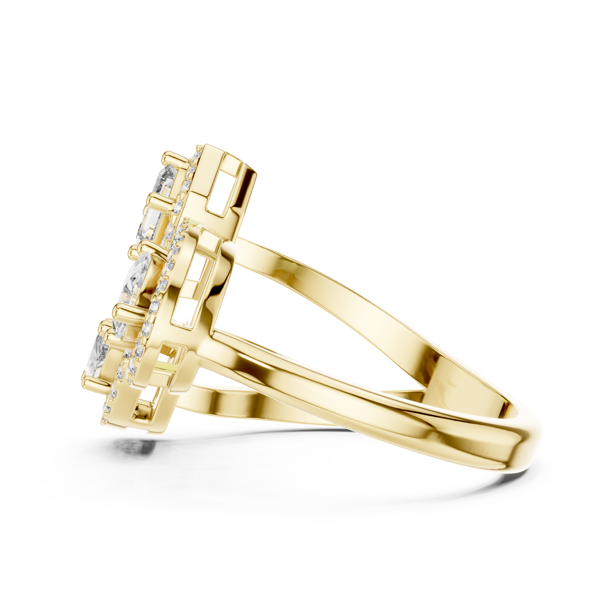 Three-Stone Multi-Shape Halo Cluster Ring