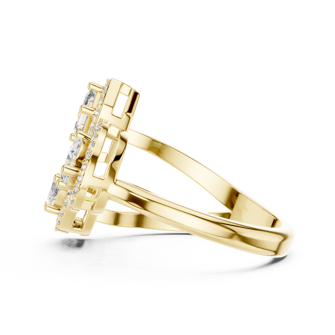 Three-Stone Multi-Shape Halo Cluster Ring