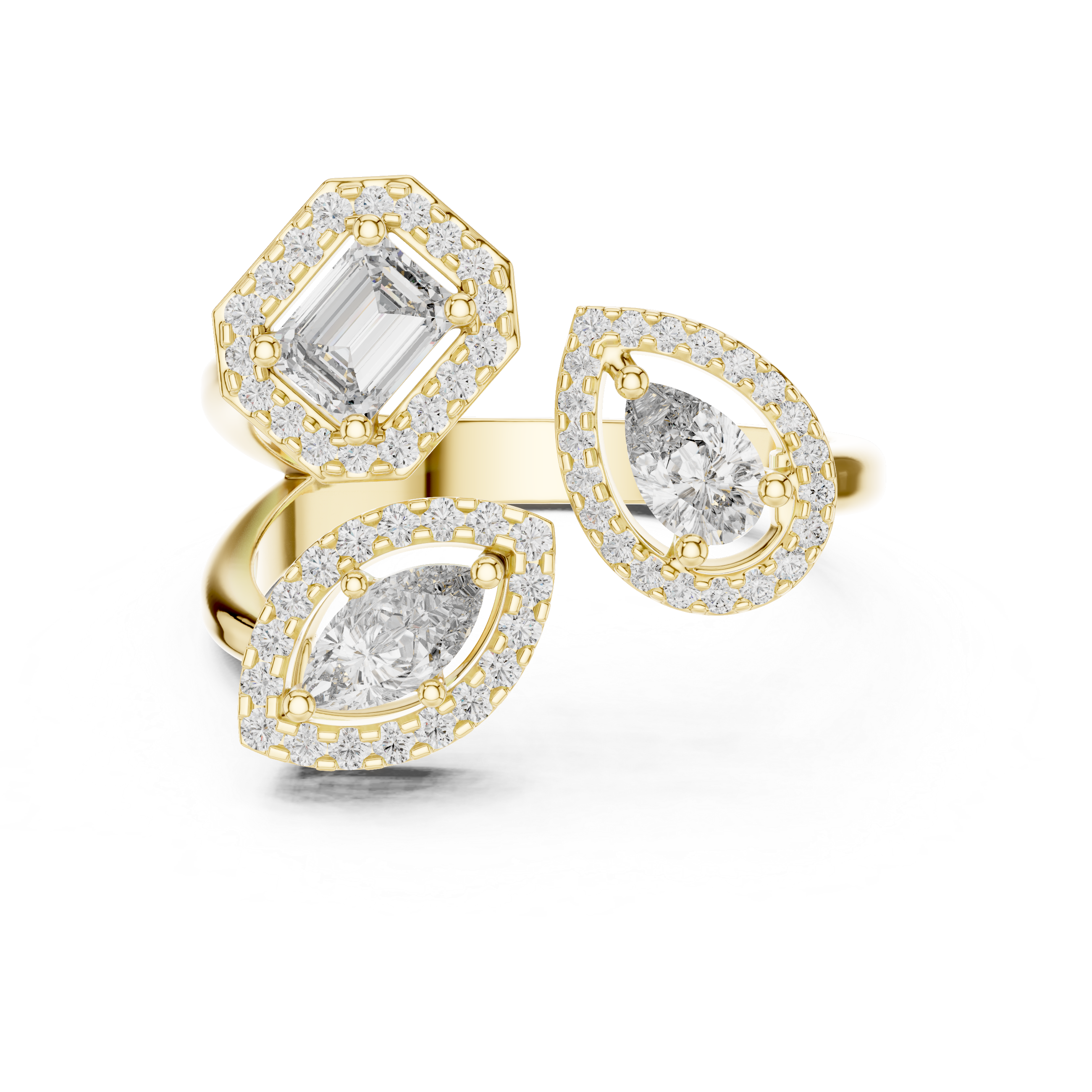 Three-Stone Multi-Shape Halo Cluster Ring