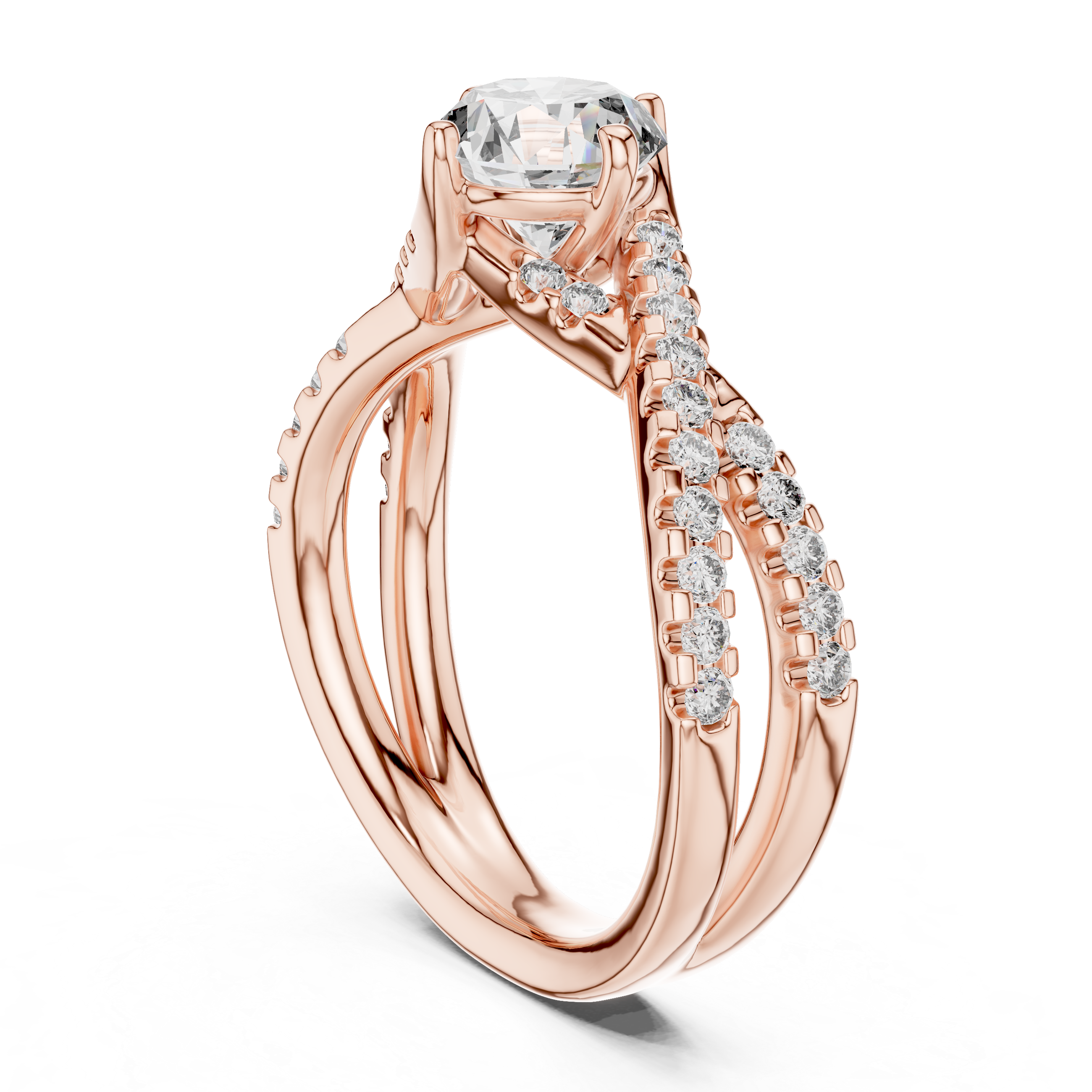 Round Solitaire Engagement Ring with Criss-Cross Pave Shank