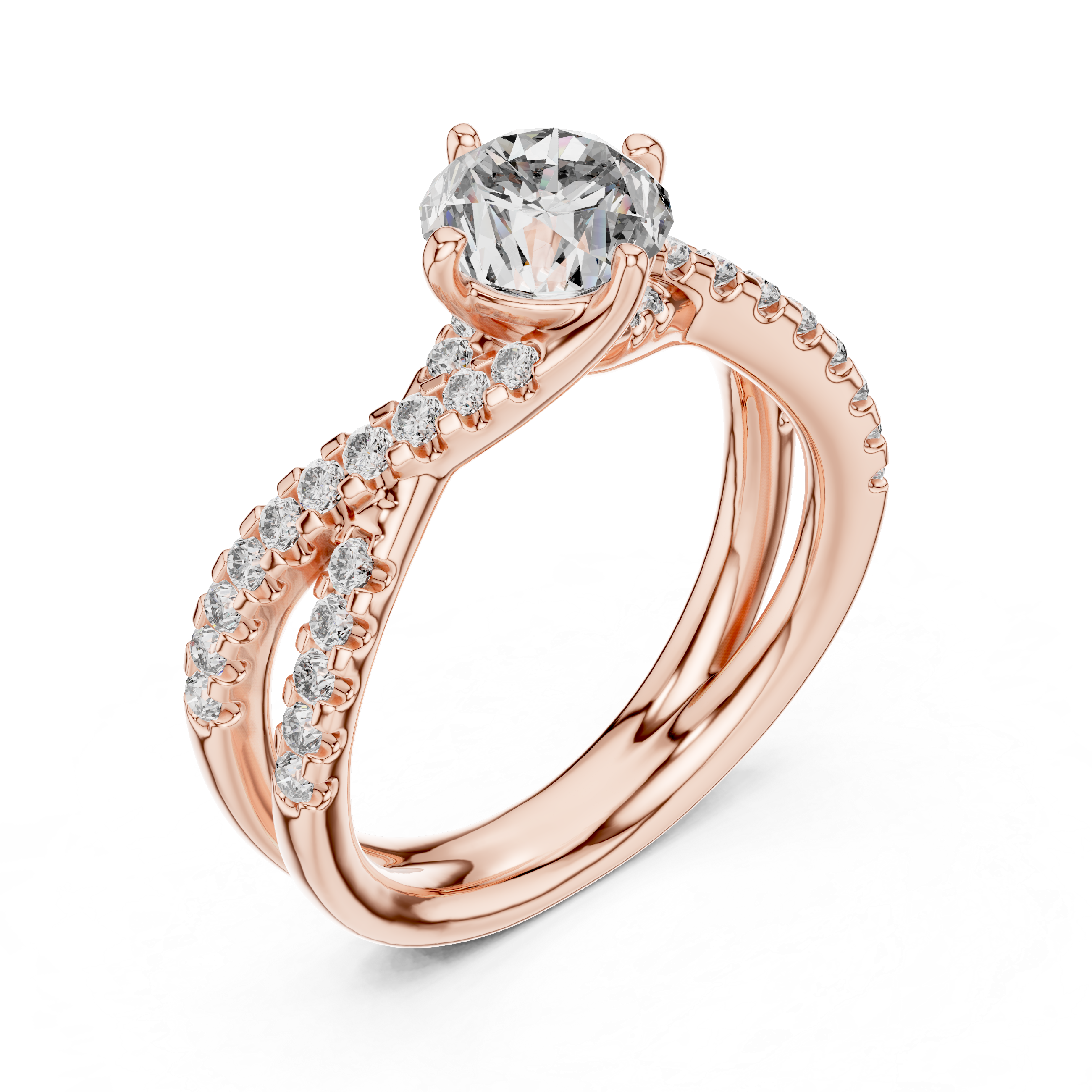 Round Solitaire Engagement Ring with Criss-Cross Pave Shank