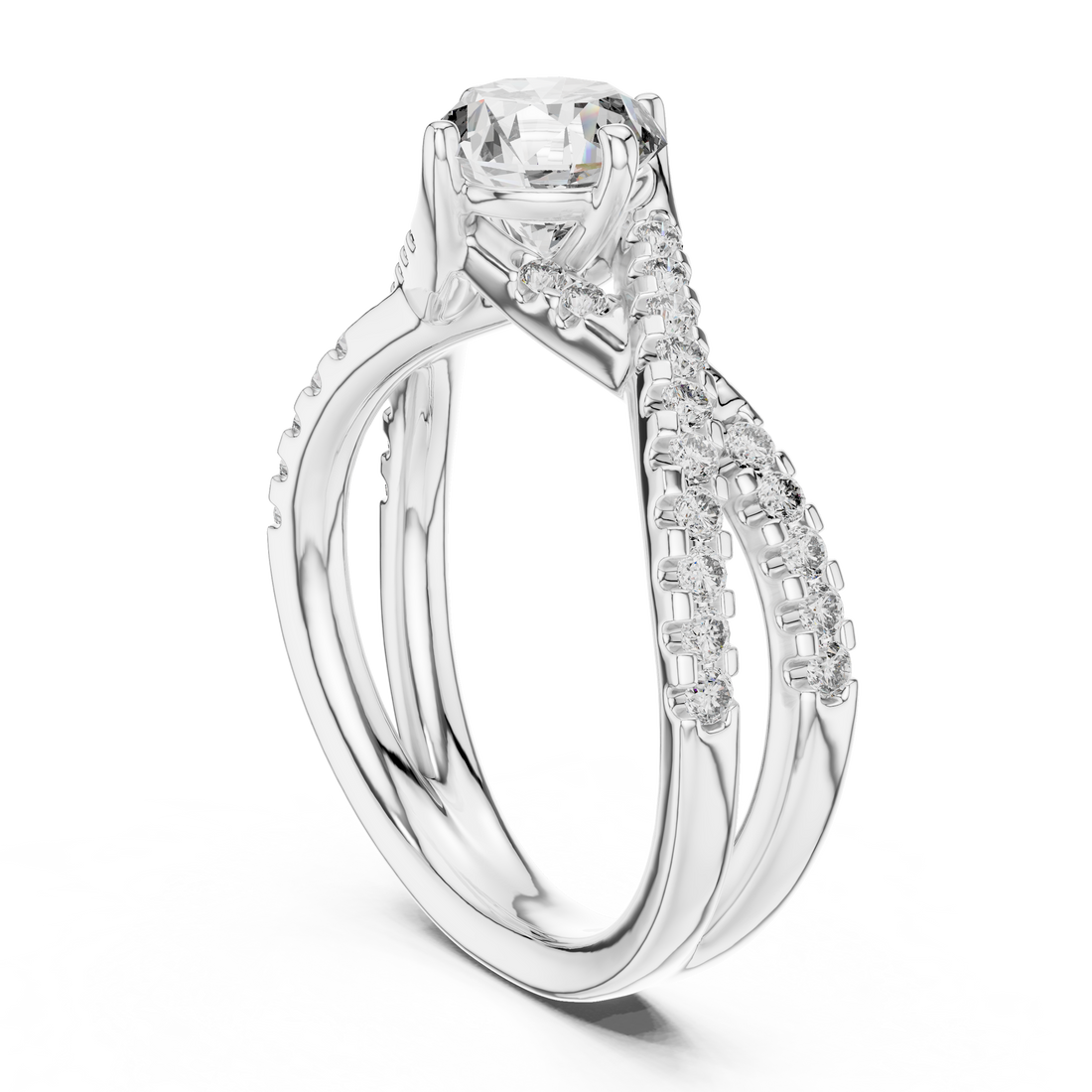 Round Solitaire Engagement Ring with Criss-Cross Pave Shank