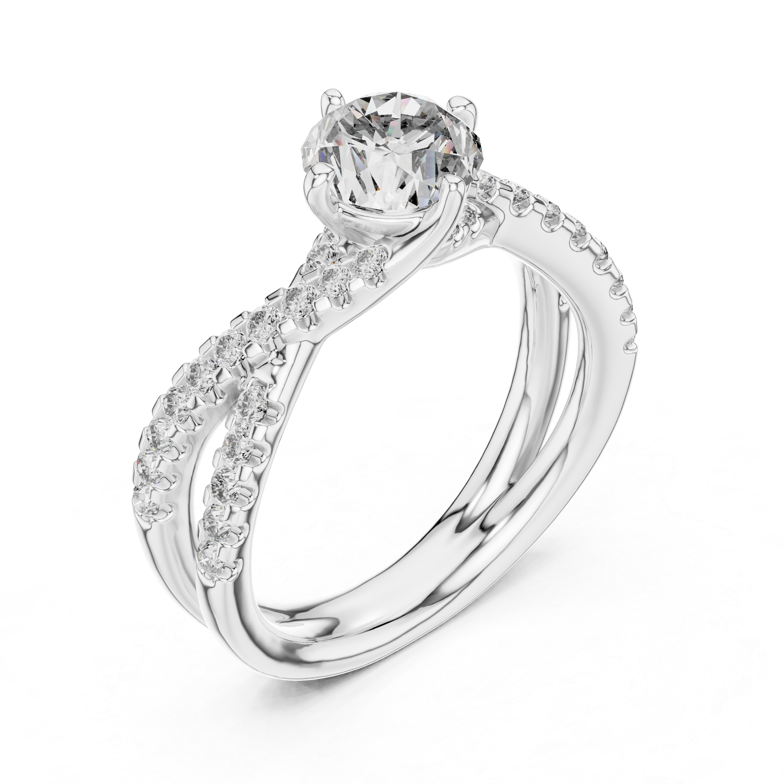 Round Solitaire Engagement Ring with Criss-Cross Pave Shank
