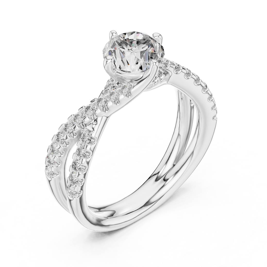 Round Solitaire Engagement Ring with Criss-Cross Pave Shank