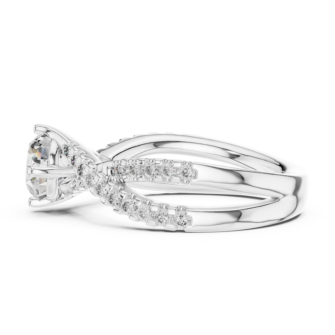 Round Solitaire Engagement Ring with Criss-Cross Pave Shank