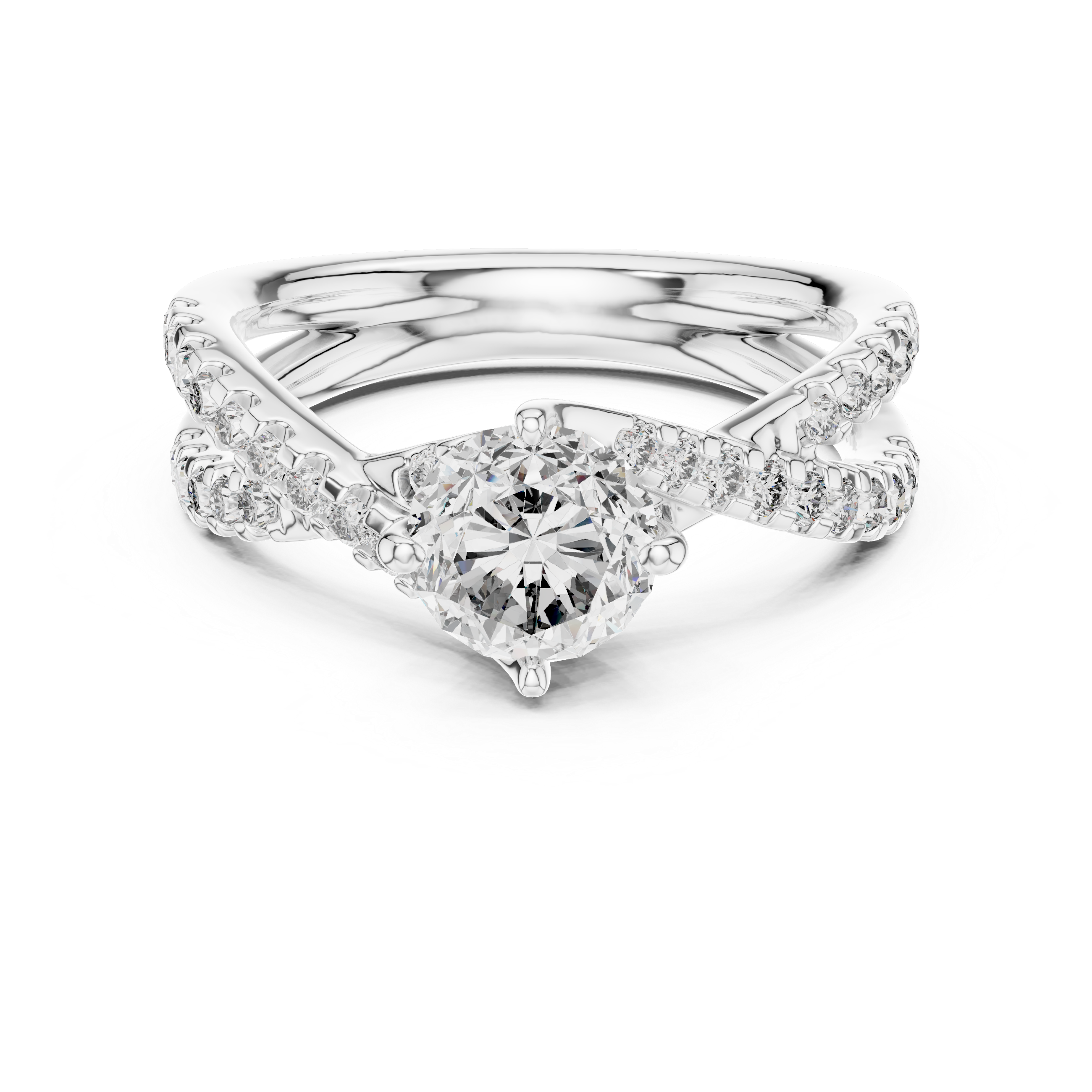 Round Solitaire Engagement Ring with Criss-Cross Pave Shank