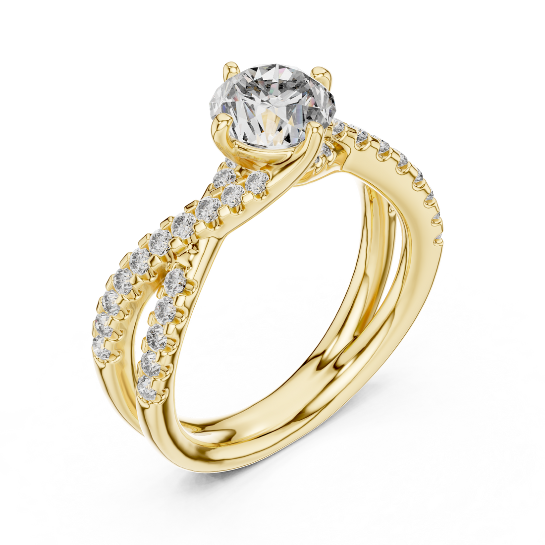 Round Solitaire Engagement Ring with Criss-Cross Pave Shank