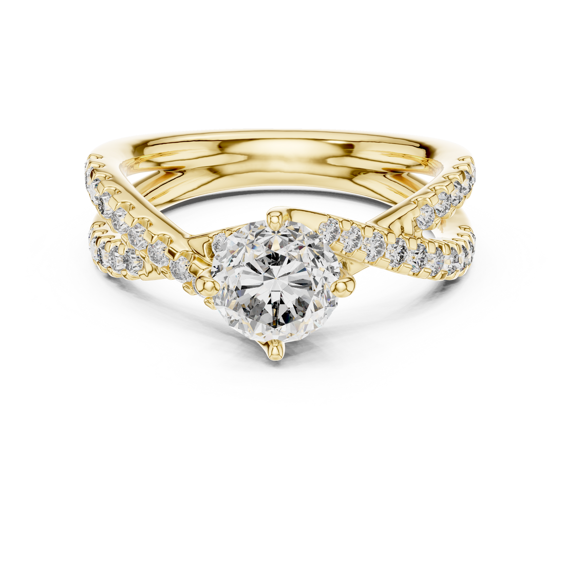 Round Solitaire Engagement Ring with Criss-Cross Pave Shank