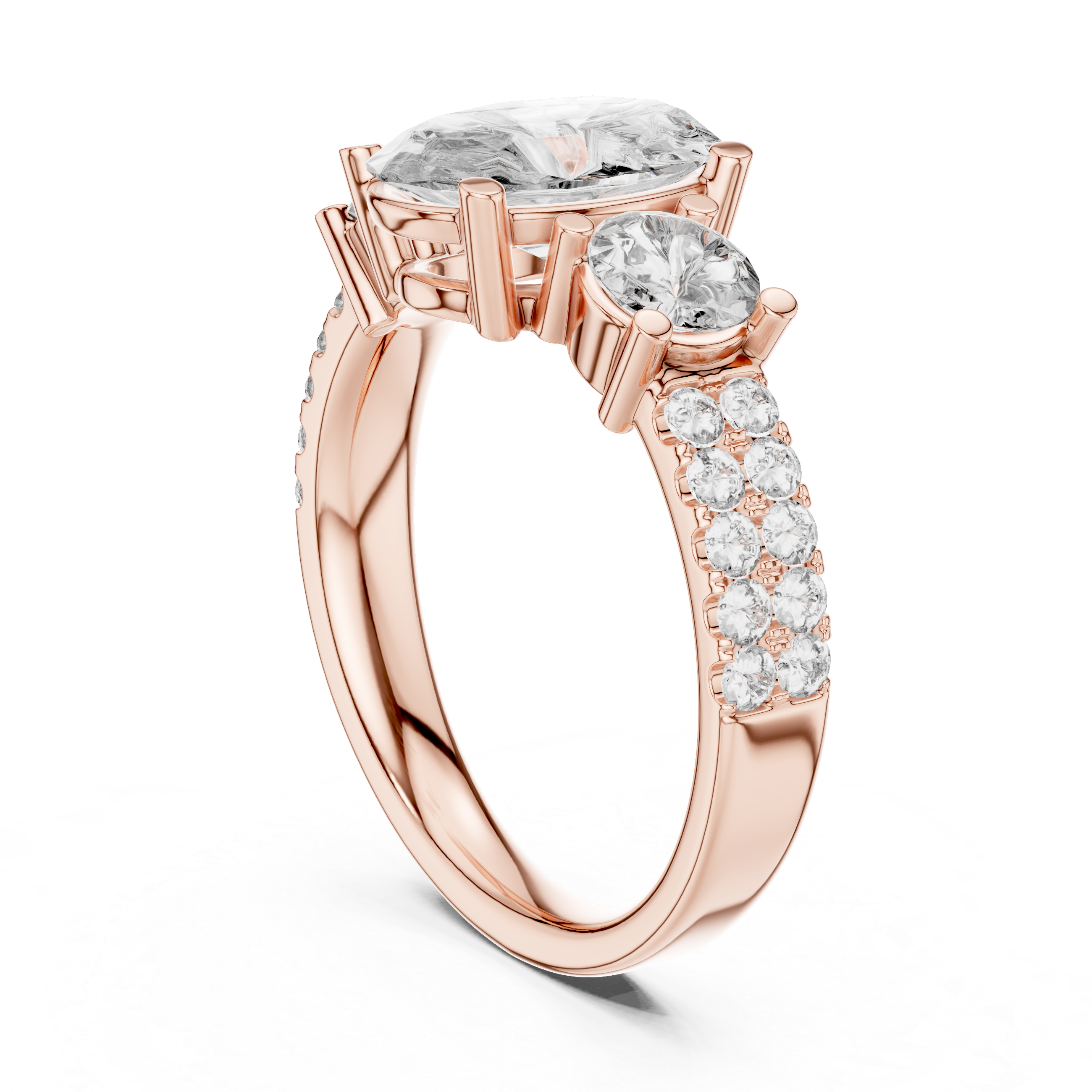 Three-Stone Oval & Round Diamond Engagement Ring with Pave Shank