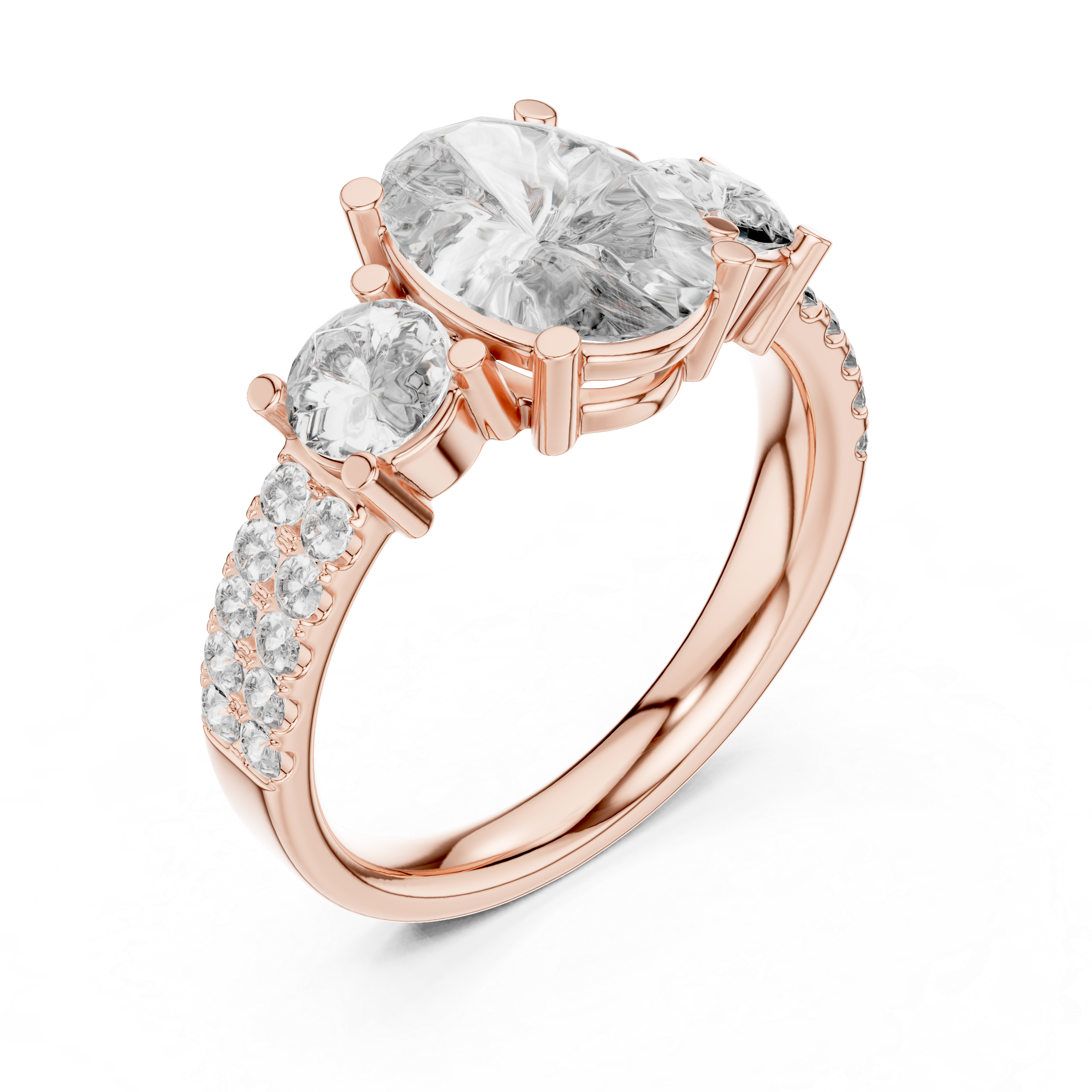 Three-Stone Oval & Round Diamond Engagement Ring with Pave Shank