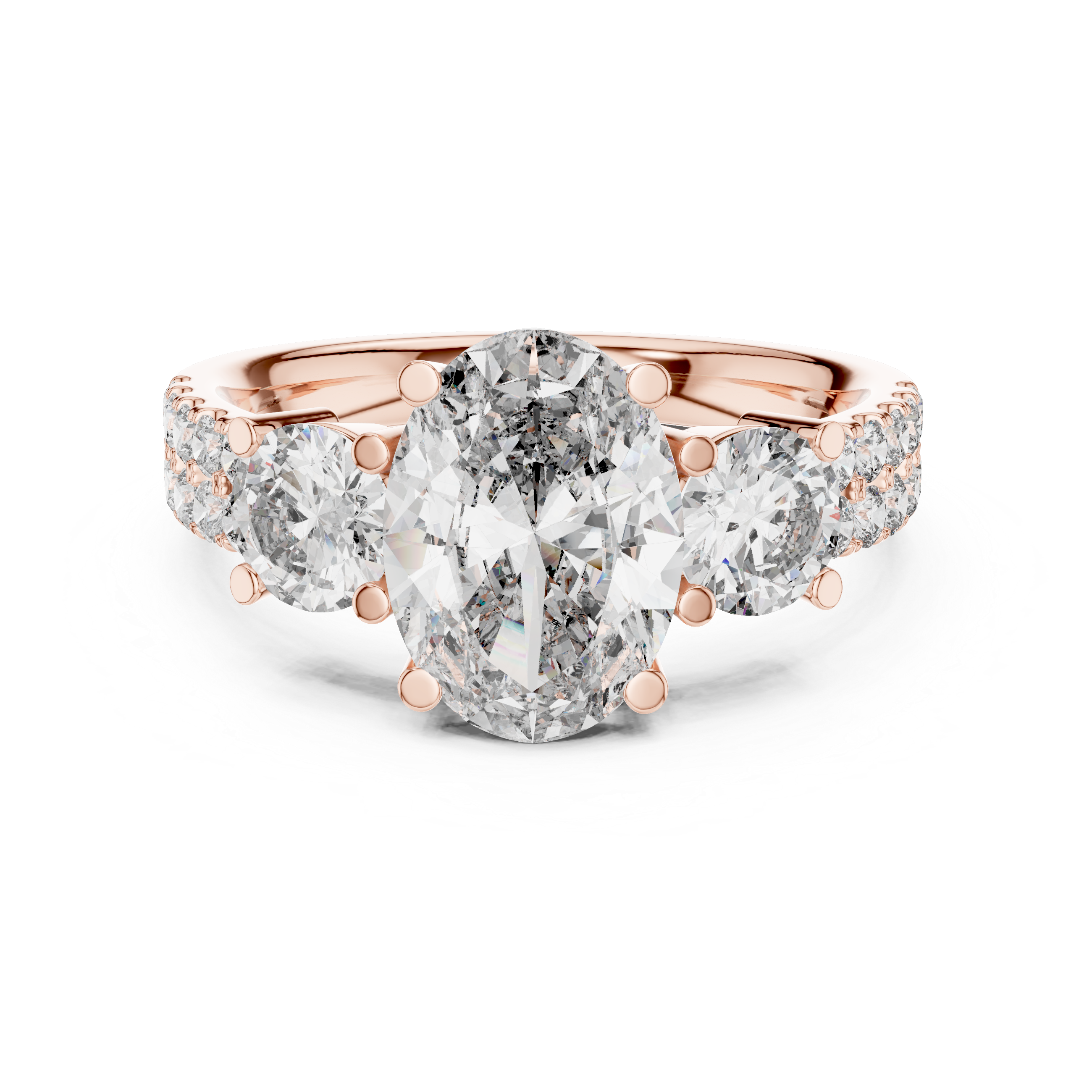 Three-Stone Oval & Round Diamond Engagement Ring with Pave Shank