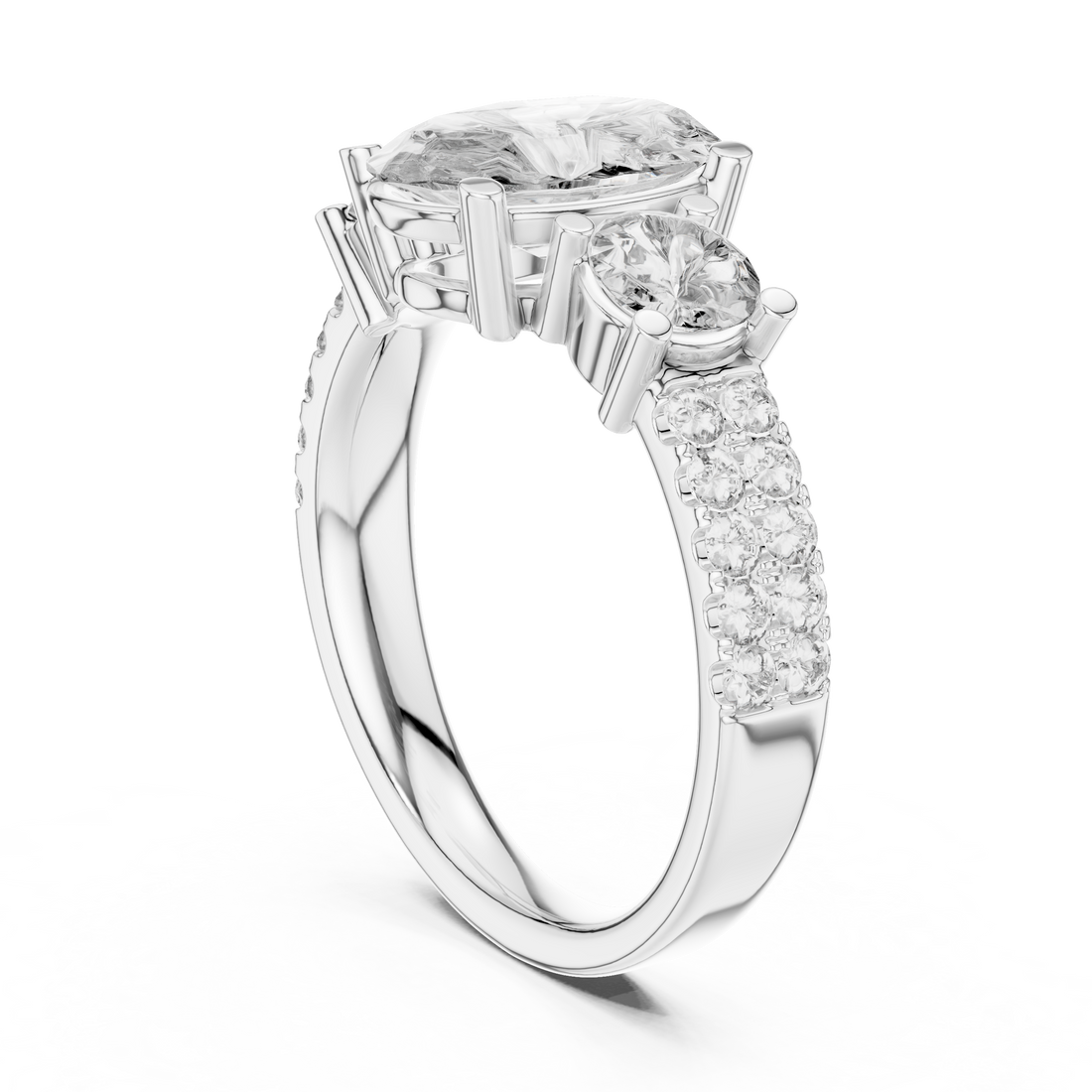 Three-Stone Oval & Round Diamond Engagement Ring with Pave Shank