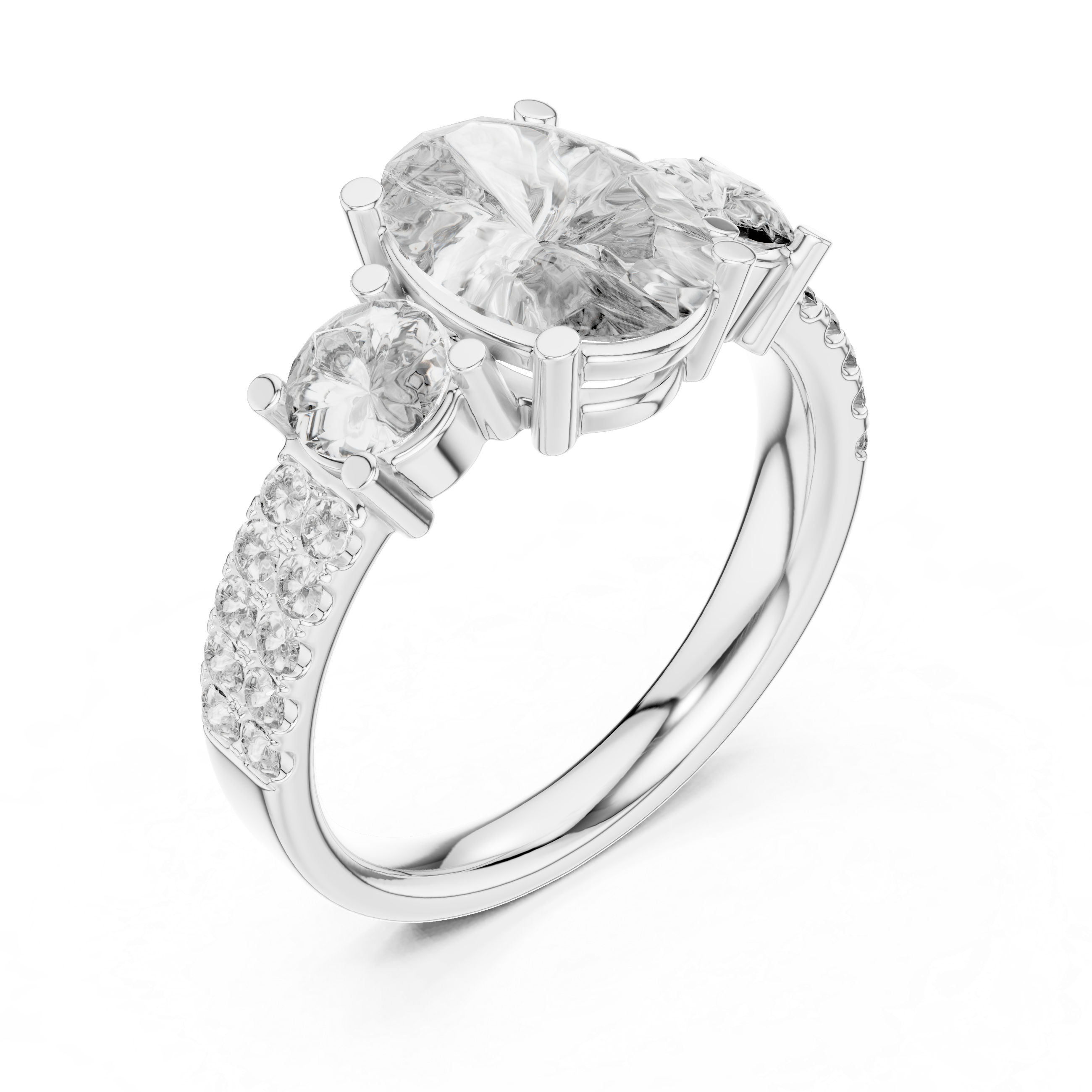 Three-Stone Oval & Round Diamond Engagement Ring with Pave Shank