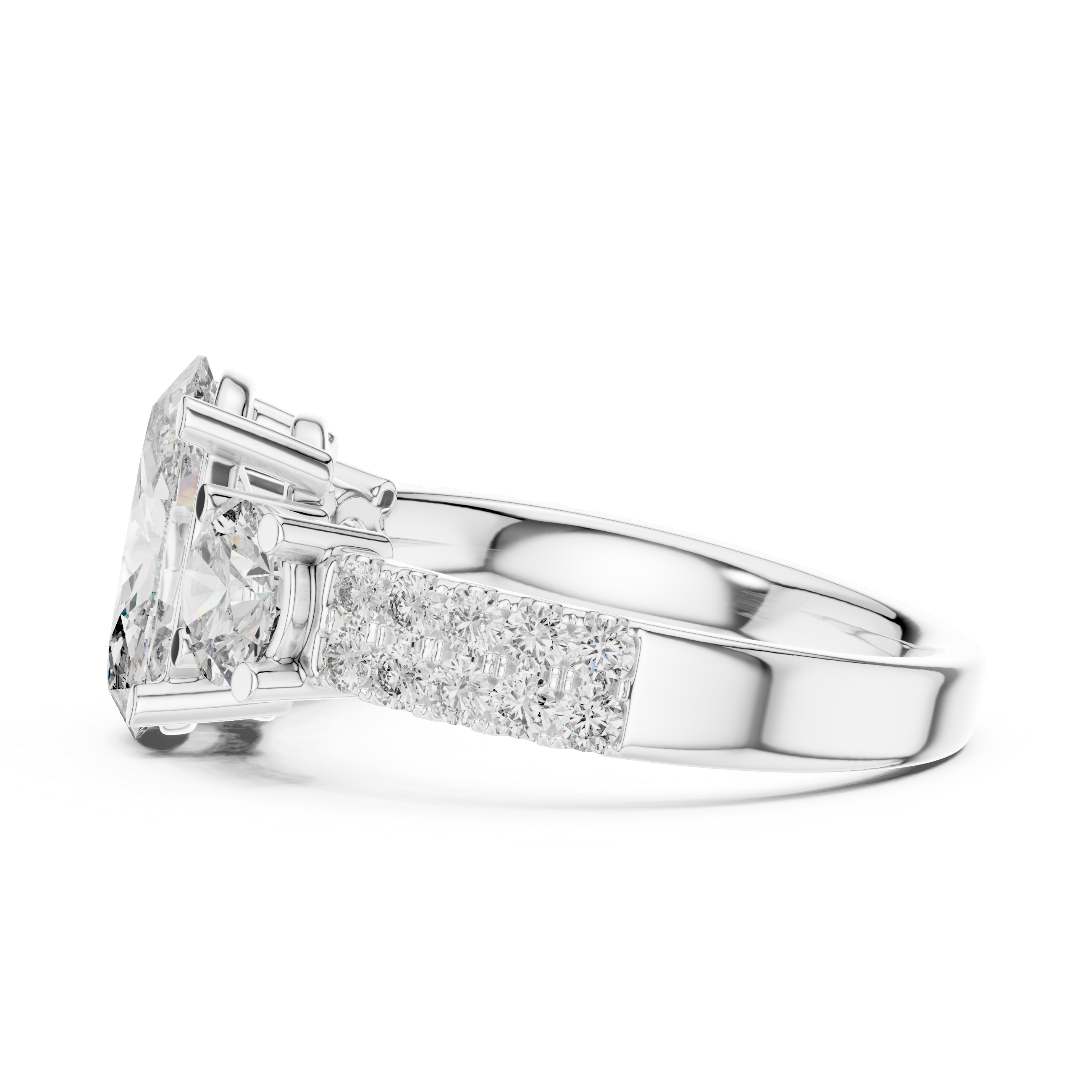 Three-Stone Oval & Round Diamond Engagement Ring with Pave Shank