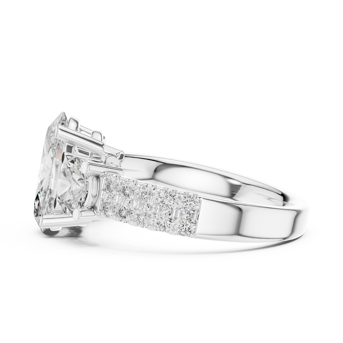 Three-Stone Oval & Round Diamond Engagement Ring with Pave Shank