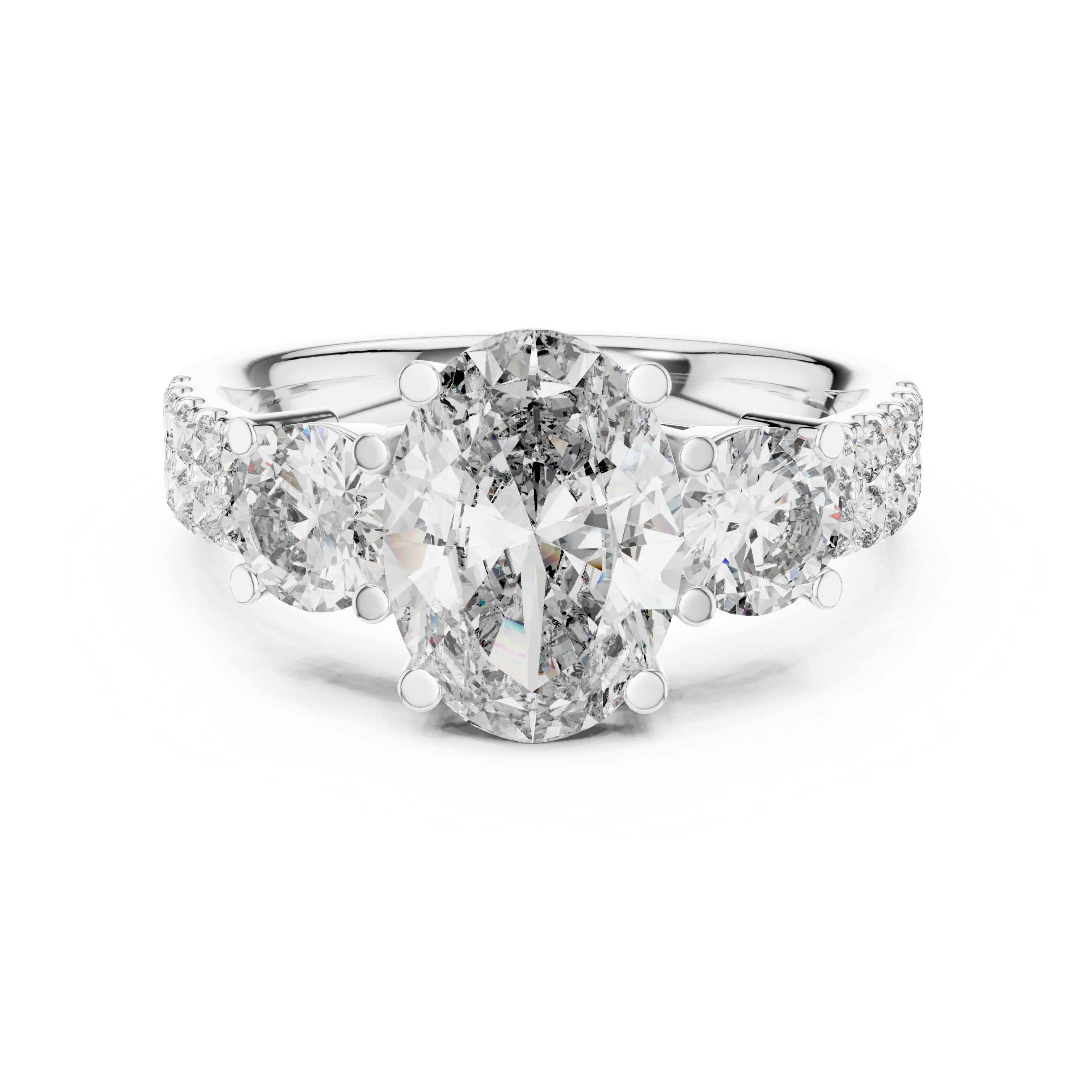 Three-Stone Oval & Round Diamond Engagement Ring with Pave Shank