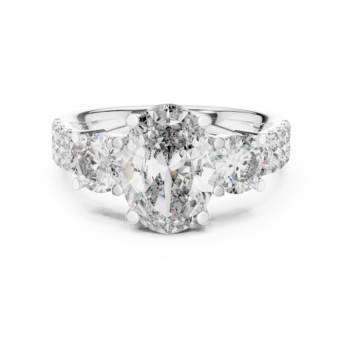 Three-Stone Oval & Round Diamond Engagement Ring with Pave Shank