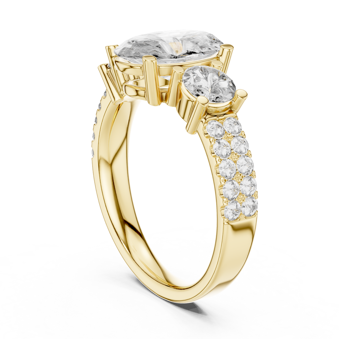 Three-Stone Oval & Round Diamond Engagement Ring with Pave Shank