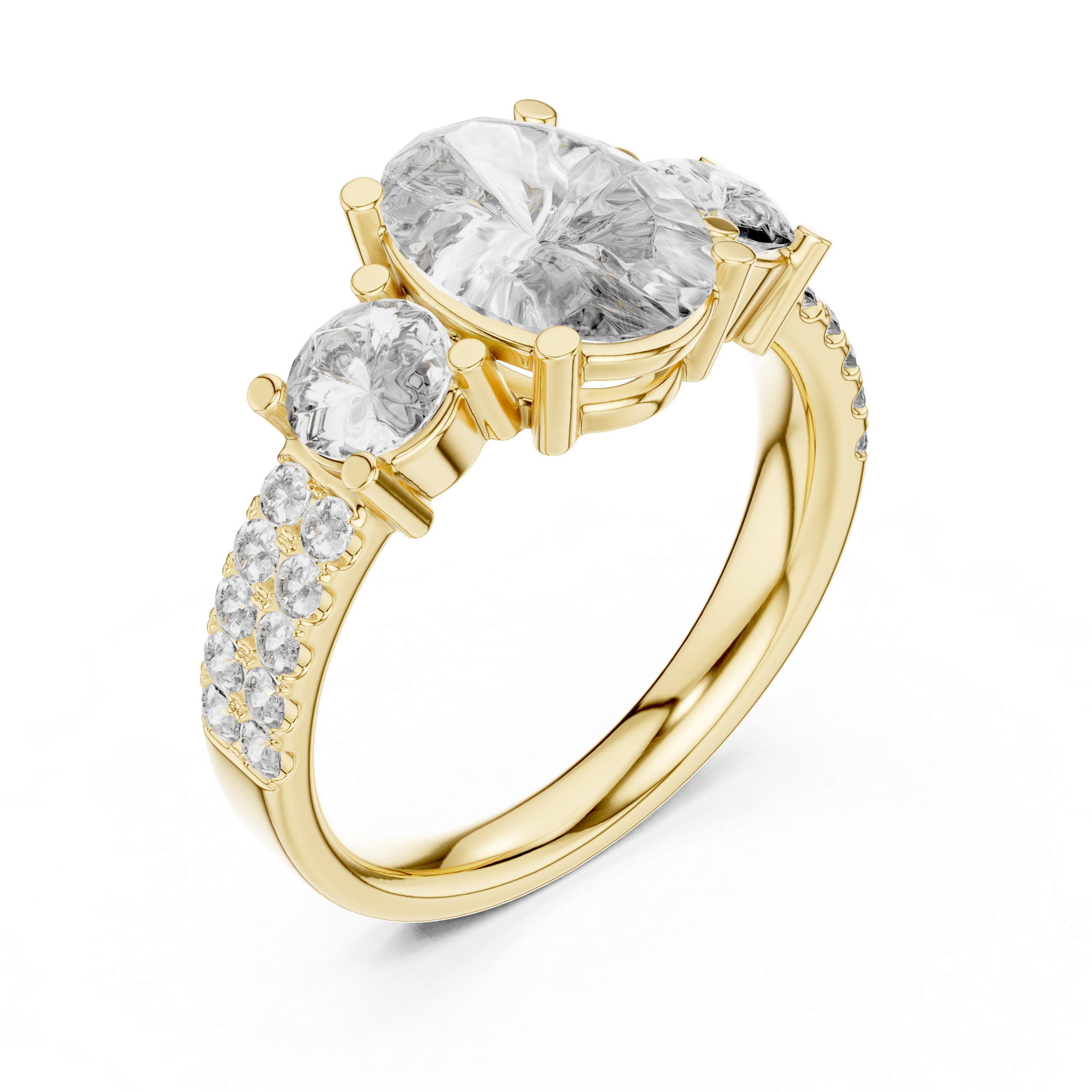 Three-Stone Oval & Round Diamond Engagement Ring with Pave Shank