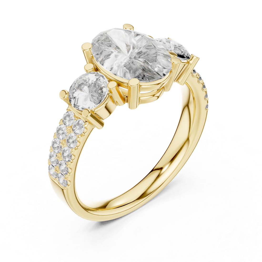 Three-Stone Oval & Round Diamond Engagement Ring with Pave Shank