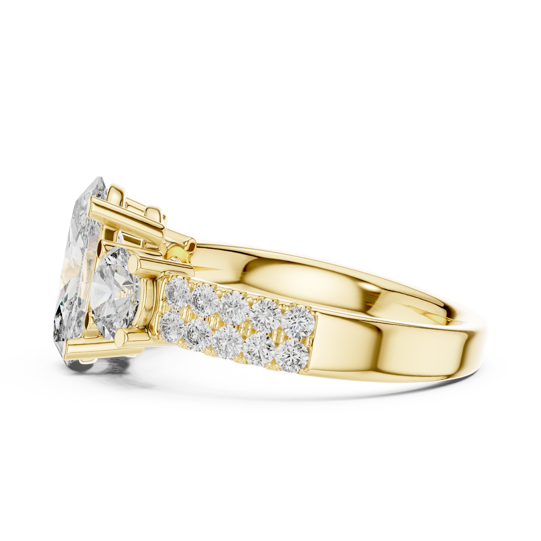 Three-Stone Oval & Round Diamond Engagement Ring with Pave Shank