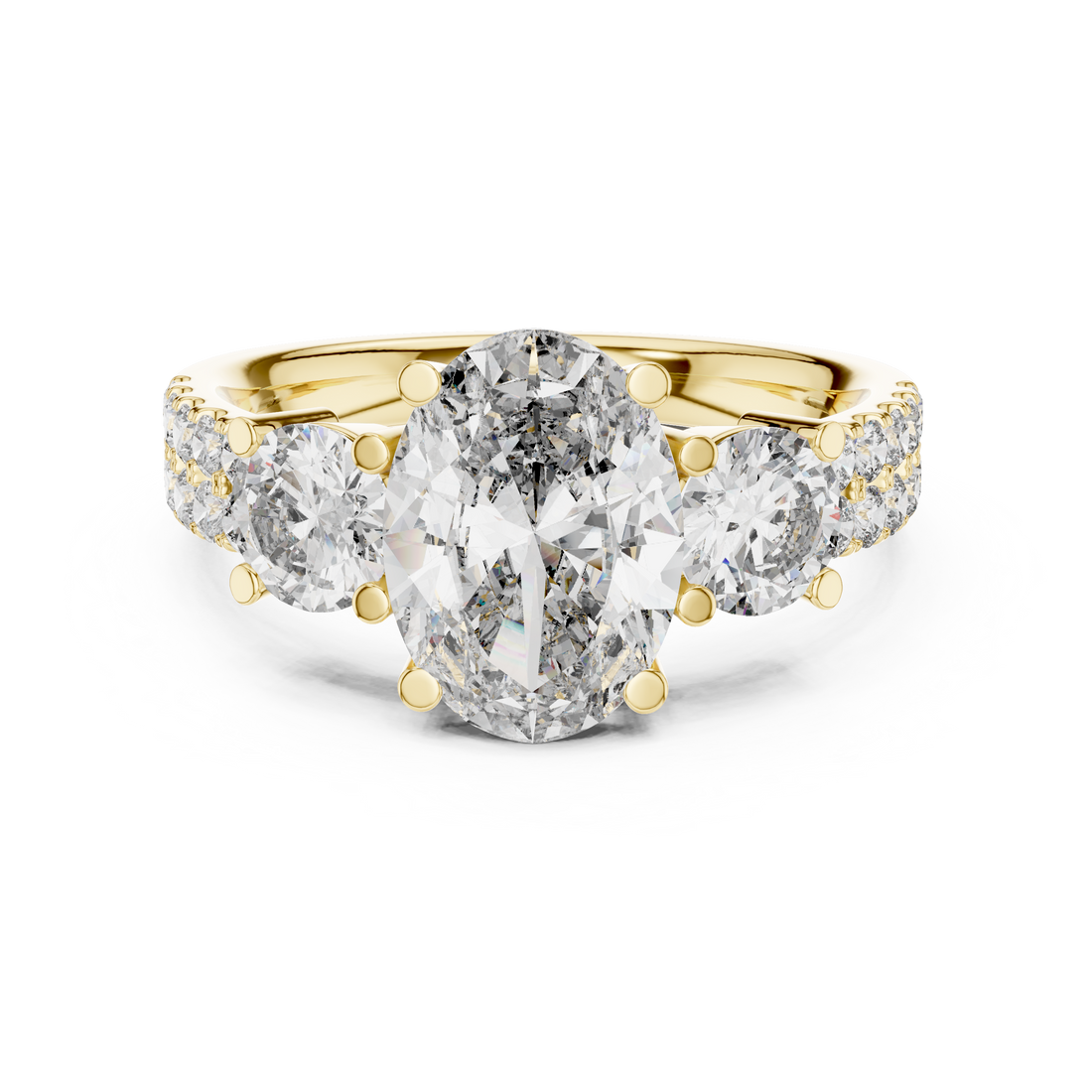 Three-Stone Oval & Round Diamond Engagement Ring with Pave Shank