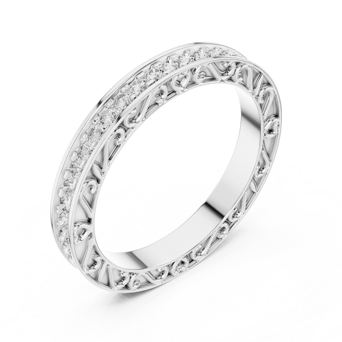 Micro-Prong Pave Diamond Eternity Band with Filigree Side Gallery